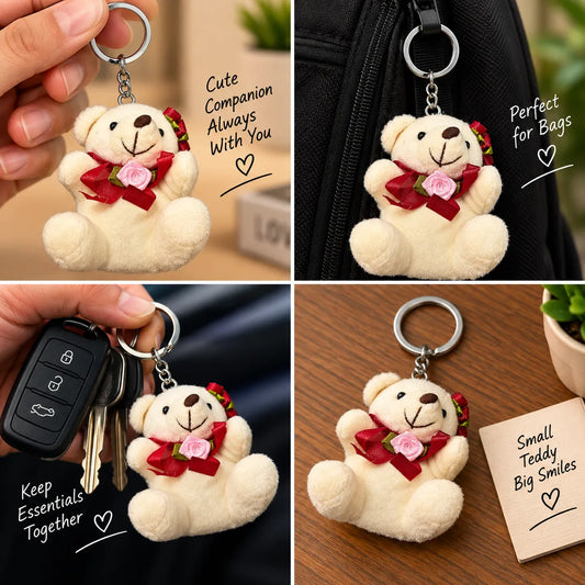 Roselle Cuddle Teddy Plush Keychain with Red Bow & Rose