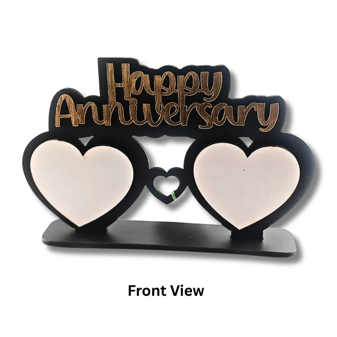 Decorative item with 'Happy Anniversary' text and two heart shapes on a white background
