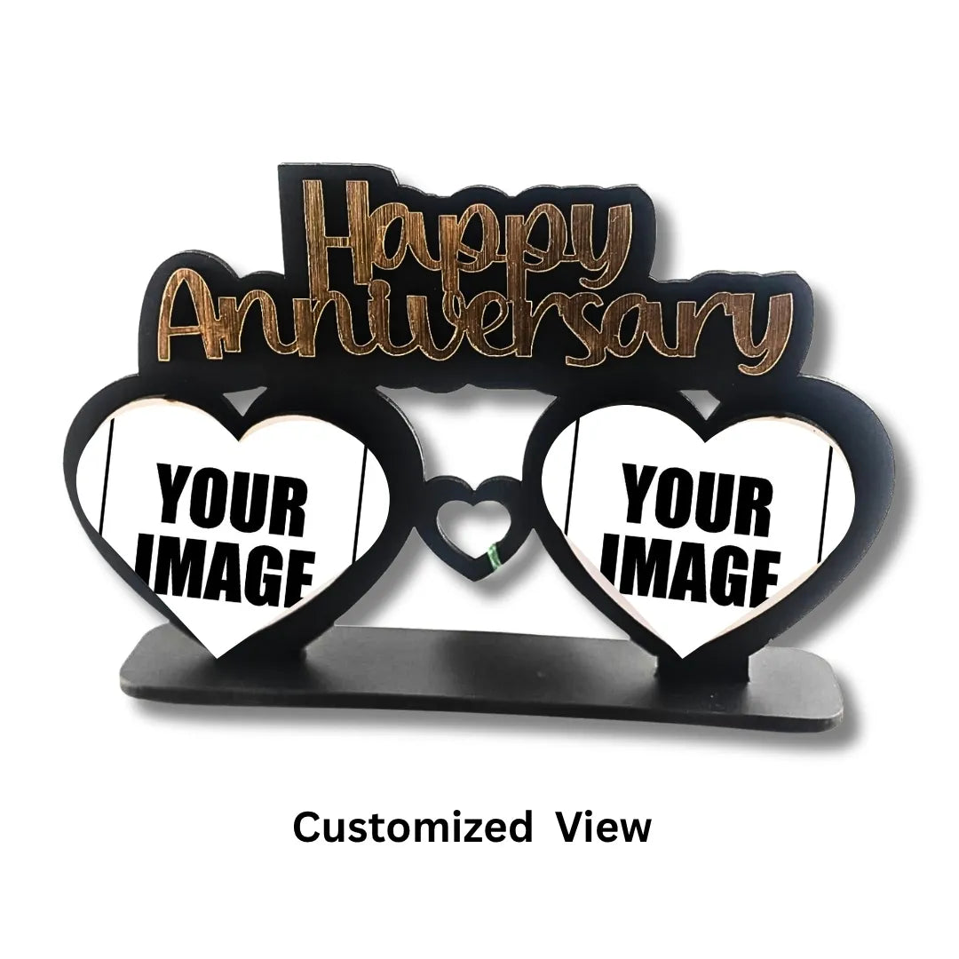 Decorative stand with 'Happy Anniversary' text and heart shapes for personalization on a white background.