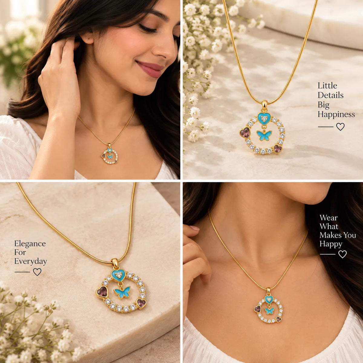 Saadhya Artis Blue Butterfly Heart Crystal Pendant Necklace