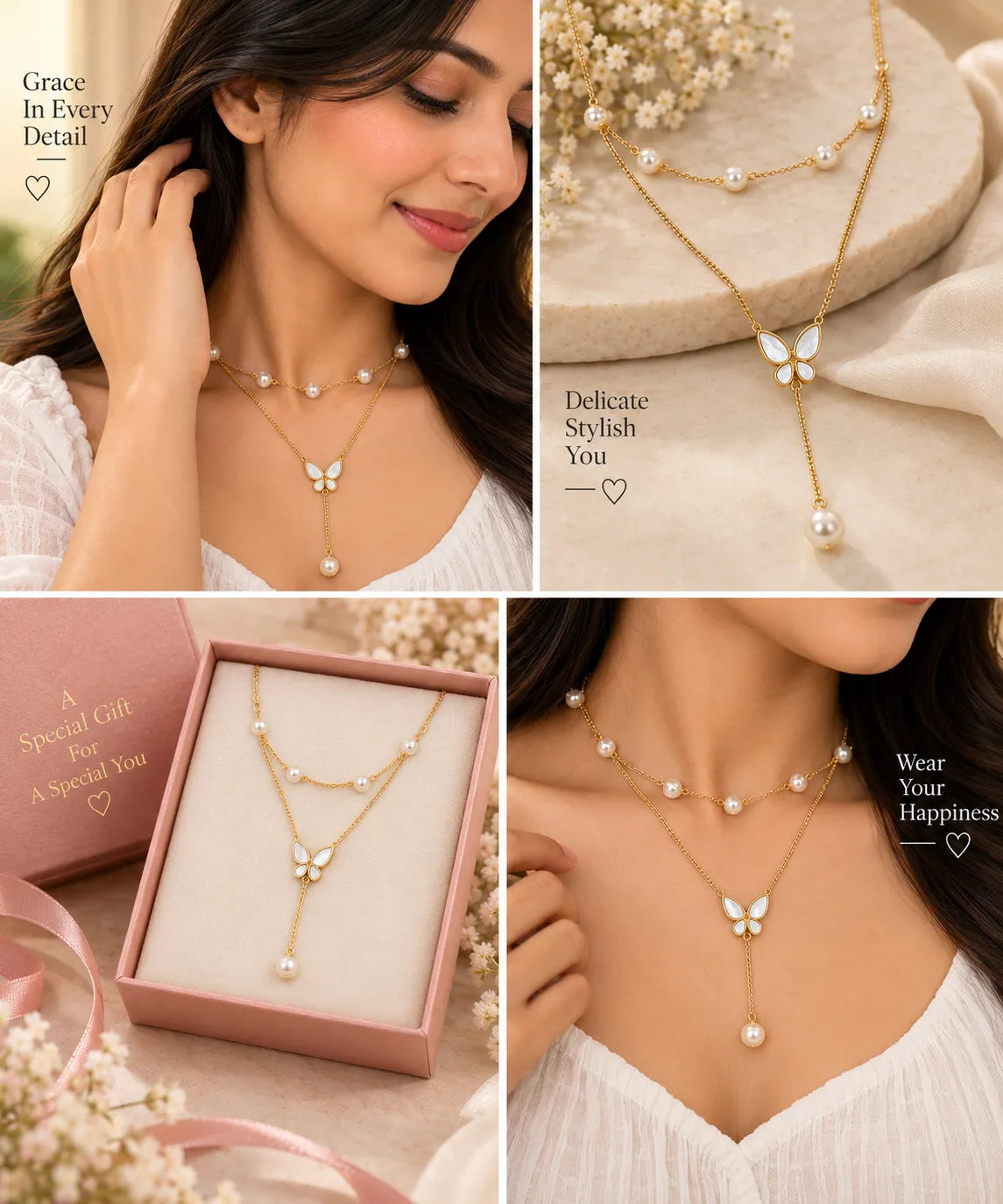 A four-panel collage showcasing a gold double-layer necklace with white pearl accents and a butterfly pendant. The panels feature a woman wearing the necklace, a close-up of the necklace on a stone surface, the necklace displayed inside a pink gift box, and the necklace worn by the model.