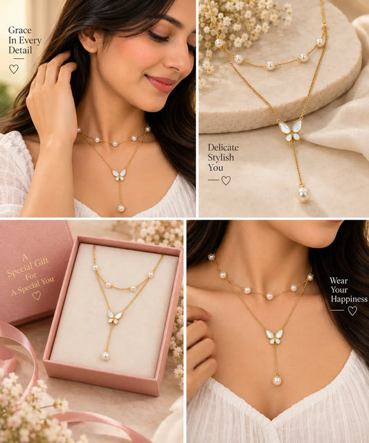 A four-panel collage showcasing a gold double-layer necklace with white pearl accents and a butterfly pendant. The panels feature a woman wearing the necklace, a close-up of the necklace on a stone surface, the necklace displayed inside a pink gift box, and the necklace worn by the model.