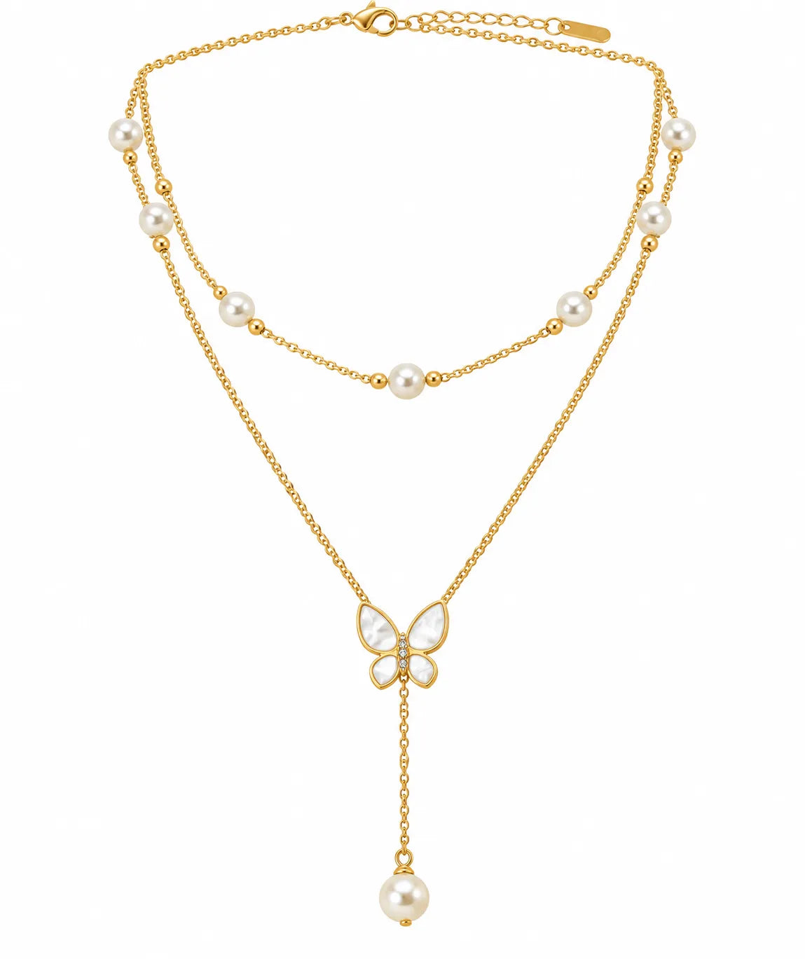 A gold-tone double-strand necklace featuring white freshwater pearls, a butterfly-shaped pendant with pearl wings, and a dangling pearl drop, shown on a plain white background.