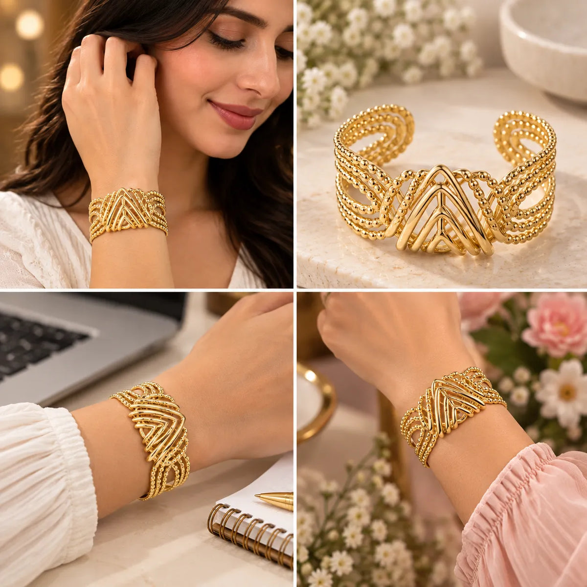 Saadhya Artis Gold-Tone Chevron Beaded Cuff Bracelet for Women – 6 cm Diameter