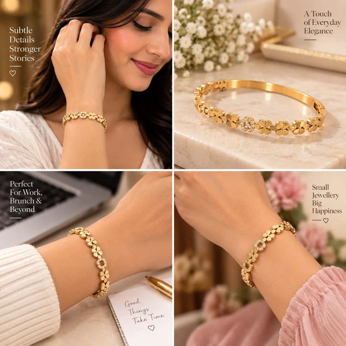 Saadhya Artis Gold-Tone Floral Crystal Bracelet for Women – Elegant Flower Link Fashion Bracelet