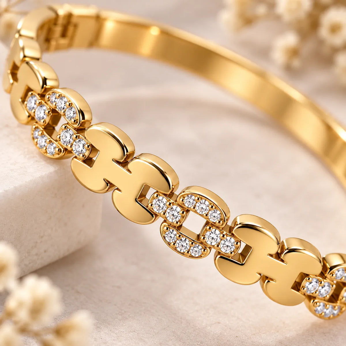 Saadhya Artis Gold-Tone Floral Crystal Bracelet for Women – Elegant Flower Link Fashion Bracelet