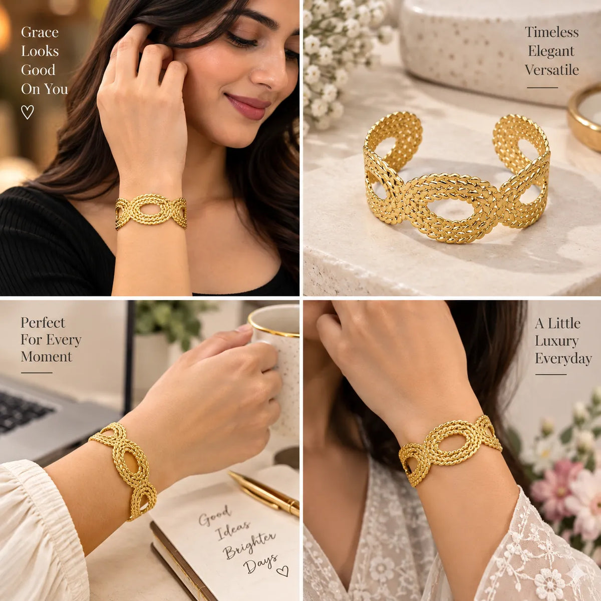 Saadhya Artis Gold-Tone Woven Chain-Link Cuff Bracelet for Women – 6 cm Diameter
