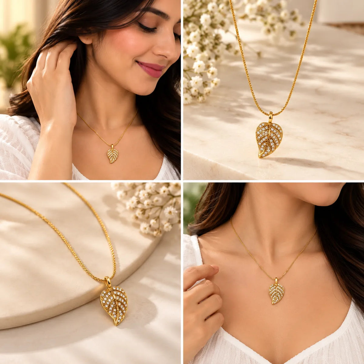 Saadhya Artis Golden Leaf Crystal Pendant Necklace for Women