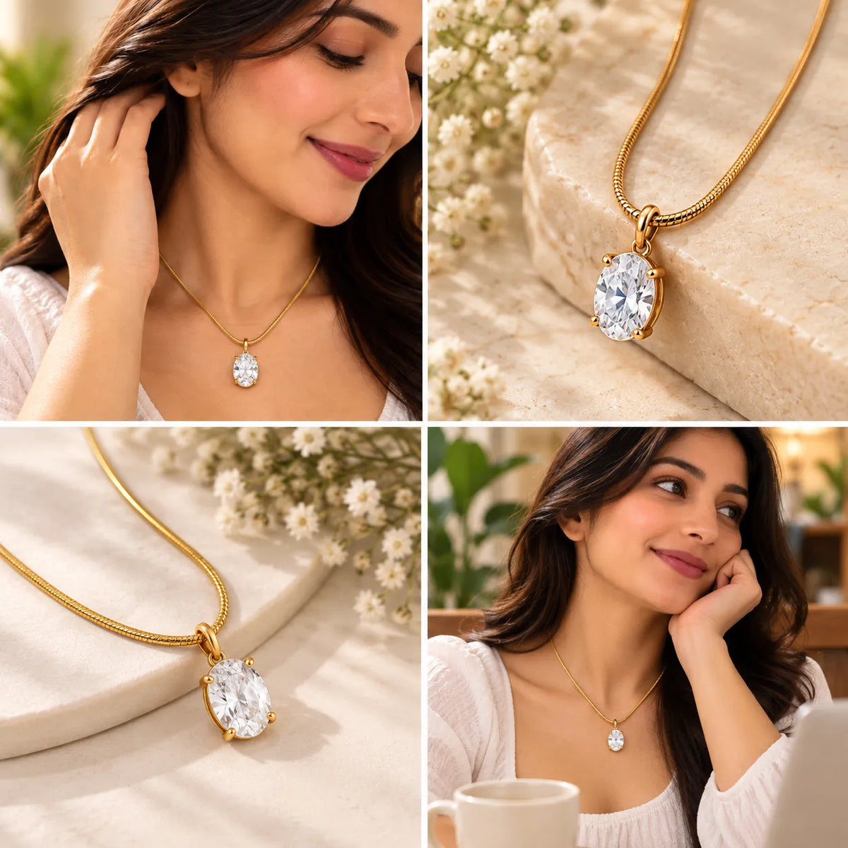 Saadhya Artis Golden Oval Crystal Pendant Necklace for Women & Girls