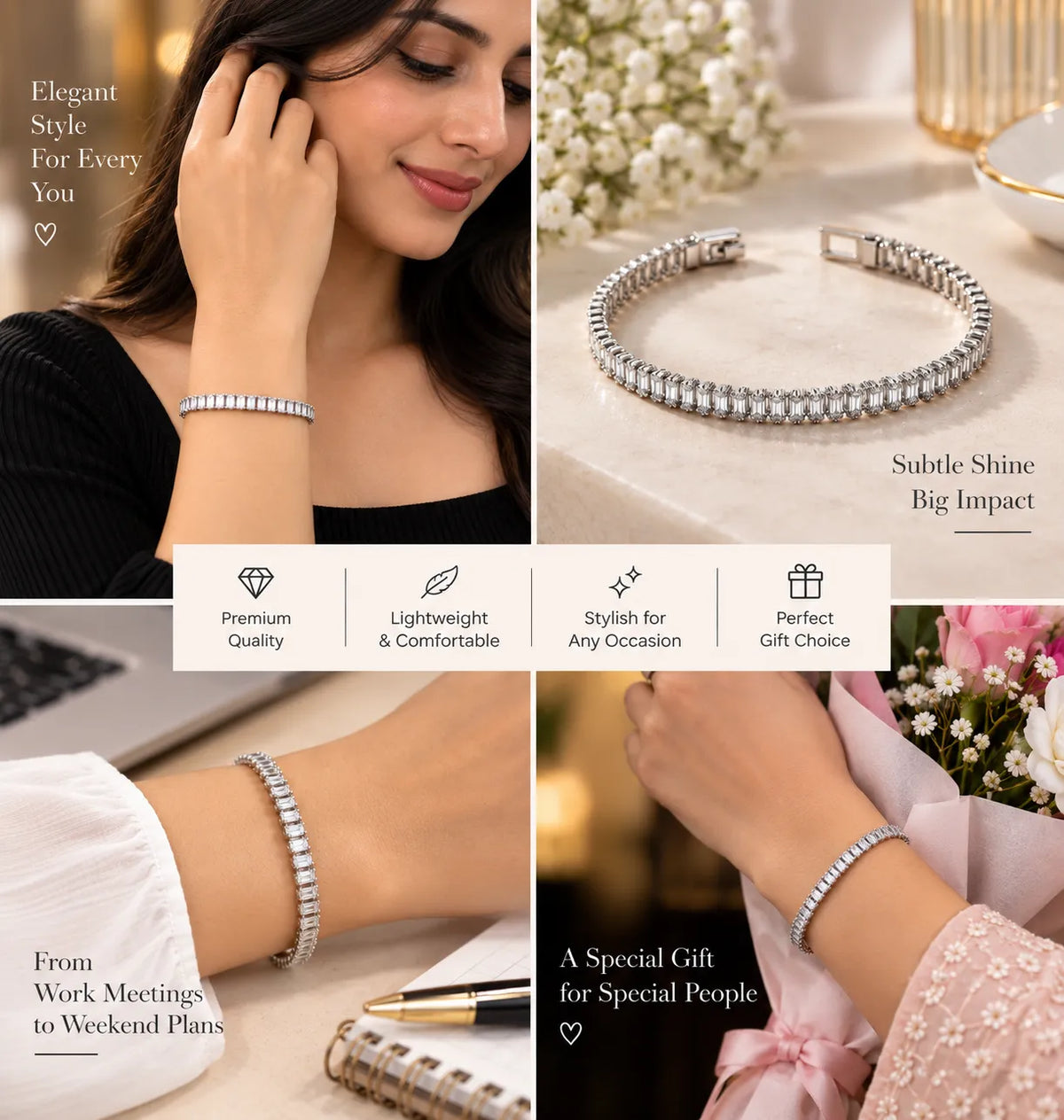 Saadhya Artis Silver Tennis Bracelet for Women – Elegant Sparkling Crystal Bracelet