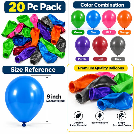 Saadhya Decor 20 Pc Assorted Latex Balloons – 9 Inch | Green, Blue, Pink, Orange, Purple, Red & Grey