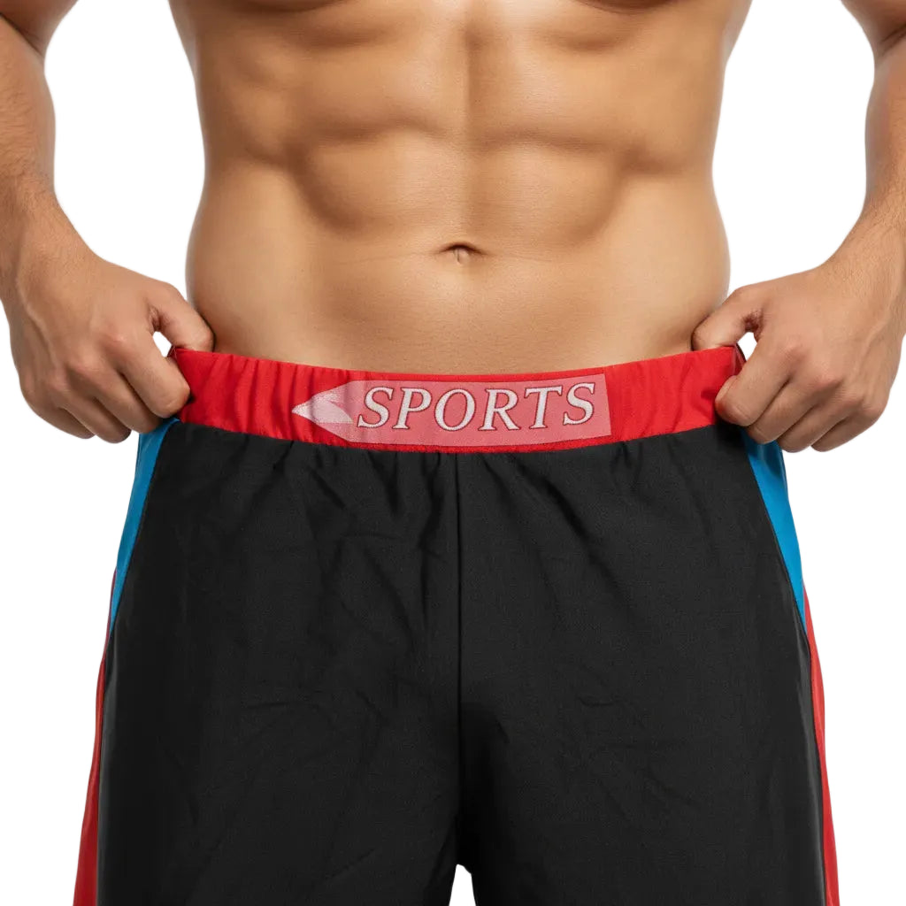 Person wearing black shorts with a red waistband labeled 'SPORTS' on a plain background