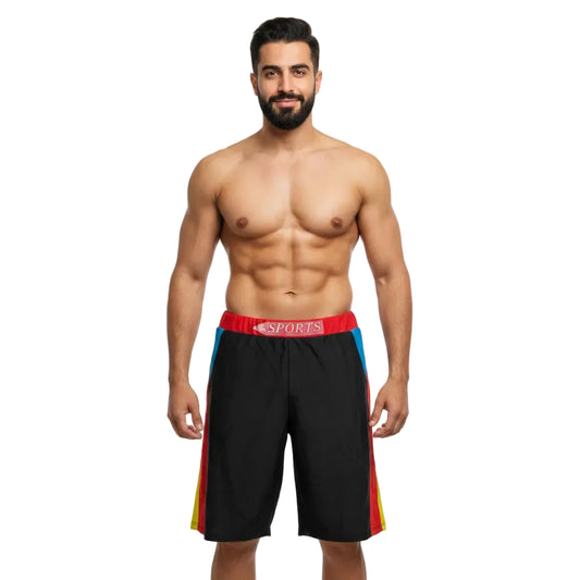 Man wearing black shorts with colorful side panels on a white background