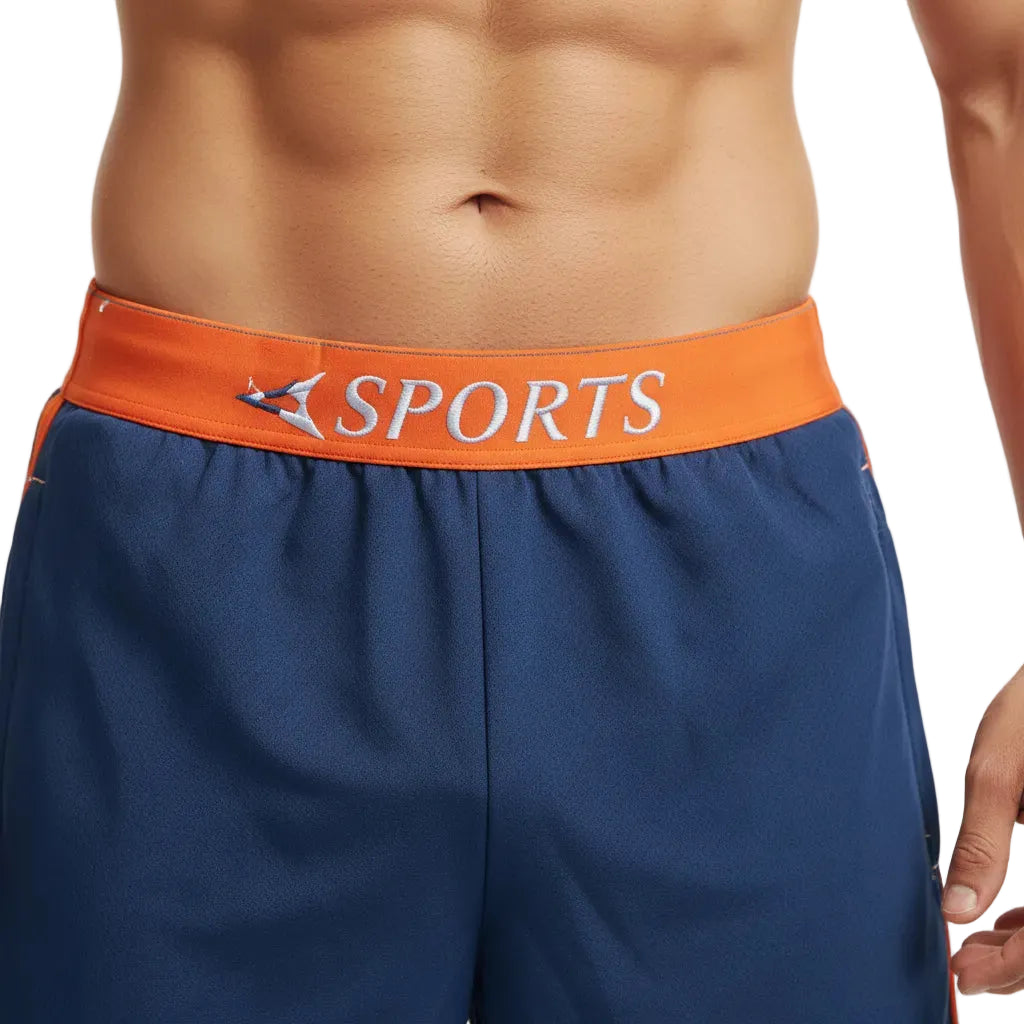 Blue shorts with an orange waistband featuring 'SPORTS' text on a plain background