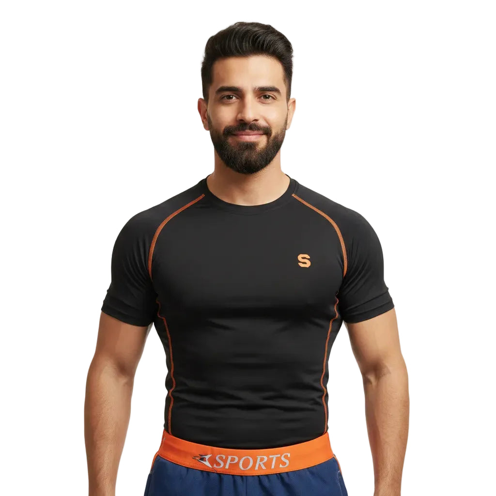 Man wearing a black sports shirt with orange accents on a white background