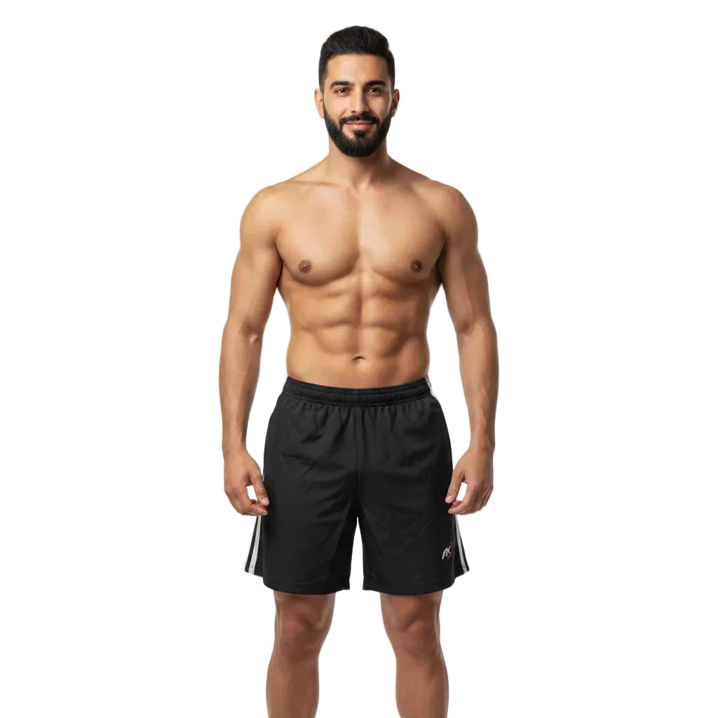 Man wearing black athletic shorts on a white background