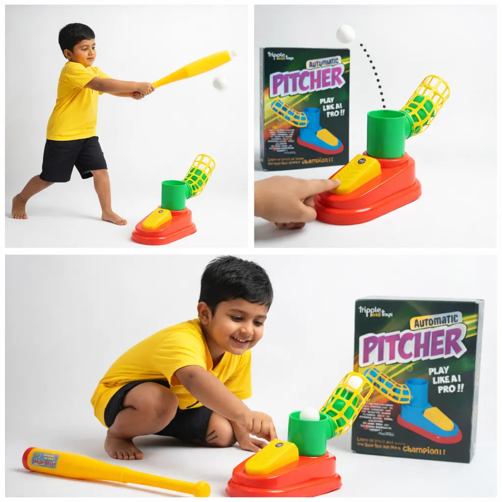 Children playing with a toy pitching machine and its packaging on a white background