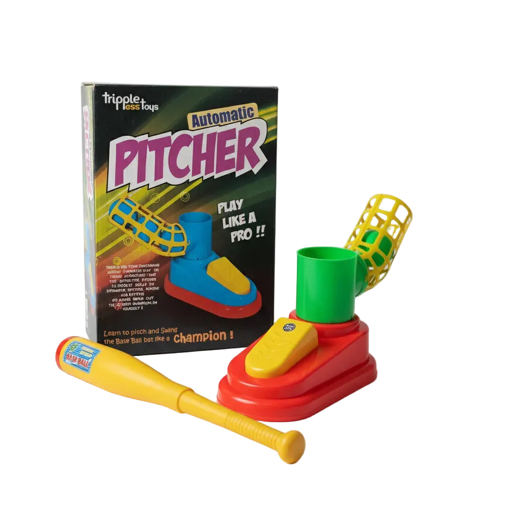 Colorful toy pitching machine with a bat and packaging on a white background