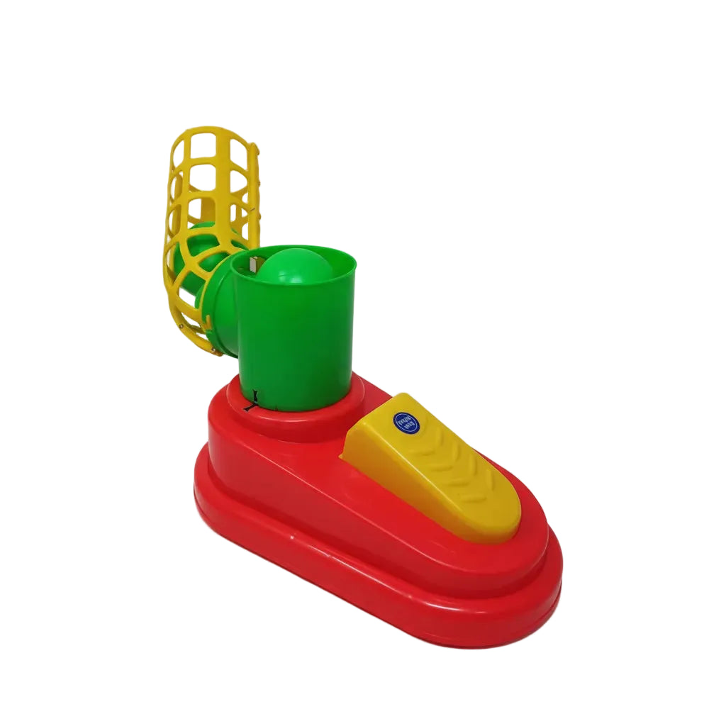 Colorful toy with a green cup, yellow top, and red base on a white background