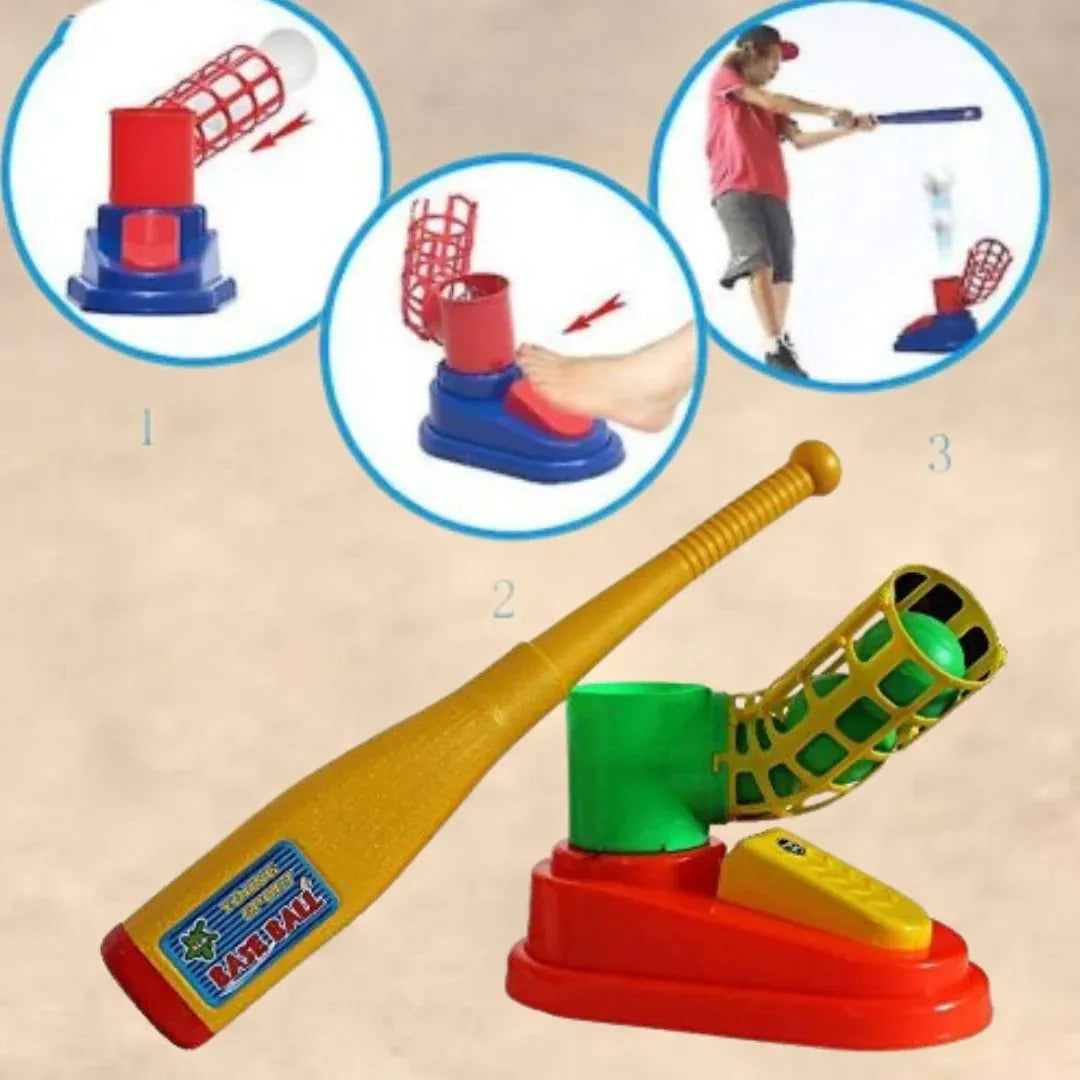 Baseball practice system with bat, catcher's mitt, and pitching machine on a beige background.