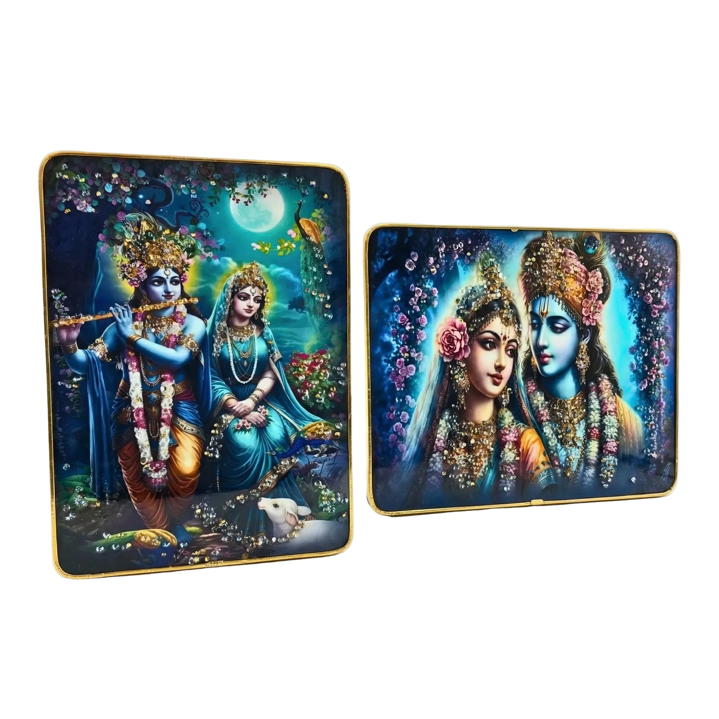 Two decorative panels featuring a traditional scene with two figures, likely deities, against a night sky with flowers and moon.
