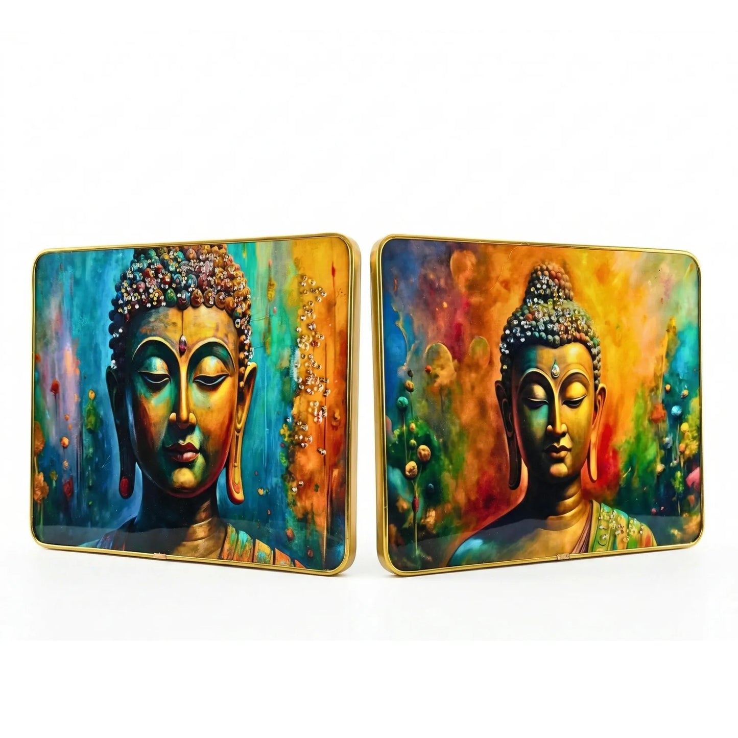 Pair of colorful Buddha wall art pieces on a white background