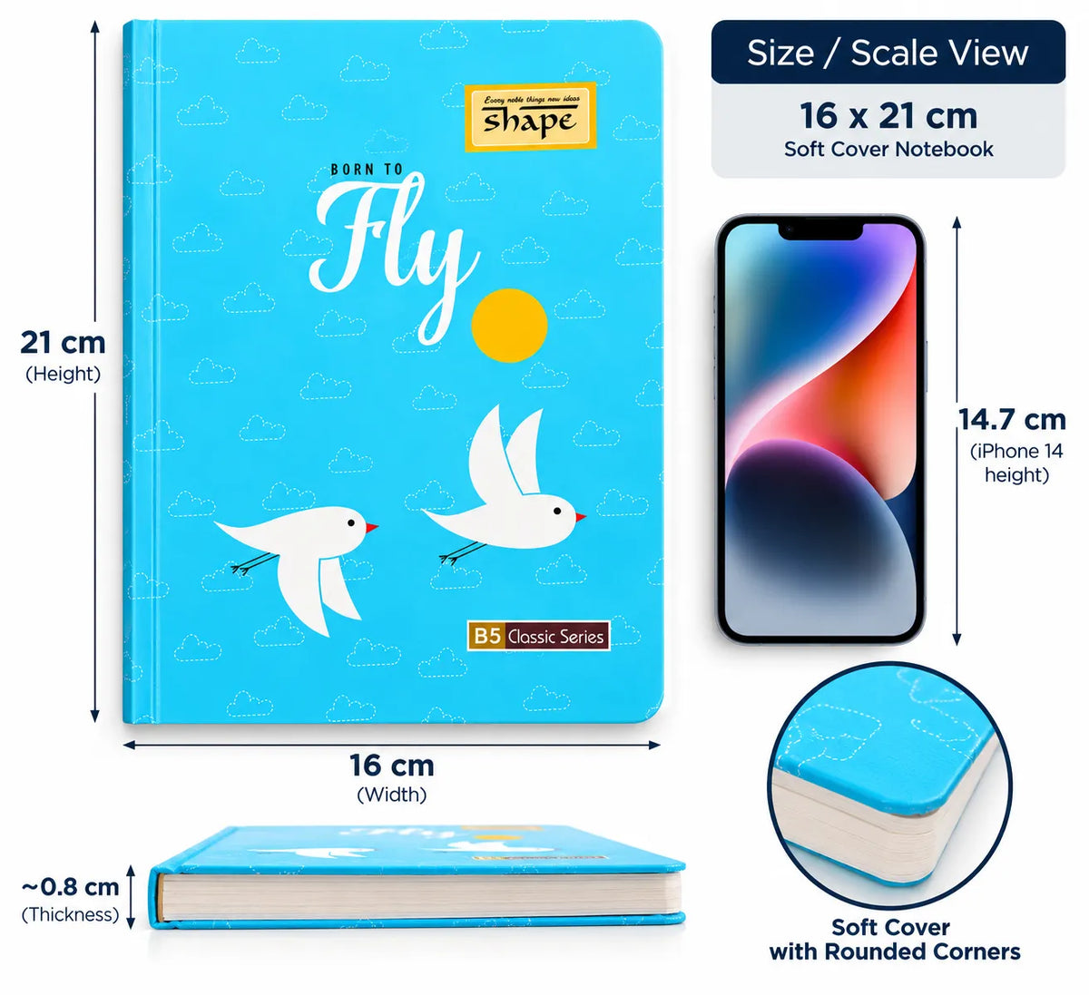 Sky Blue “Born to Fly” B5 Classic Series Soft Cover Ruled Notebook – 16 × 21 cm