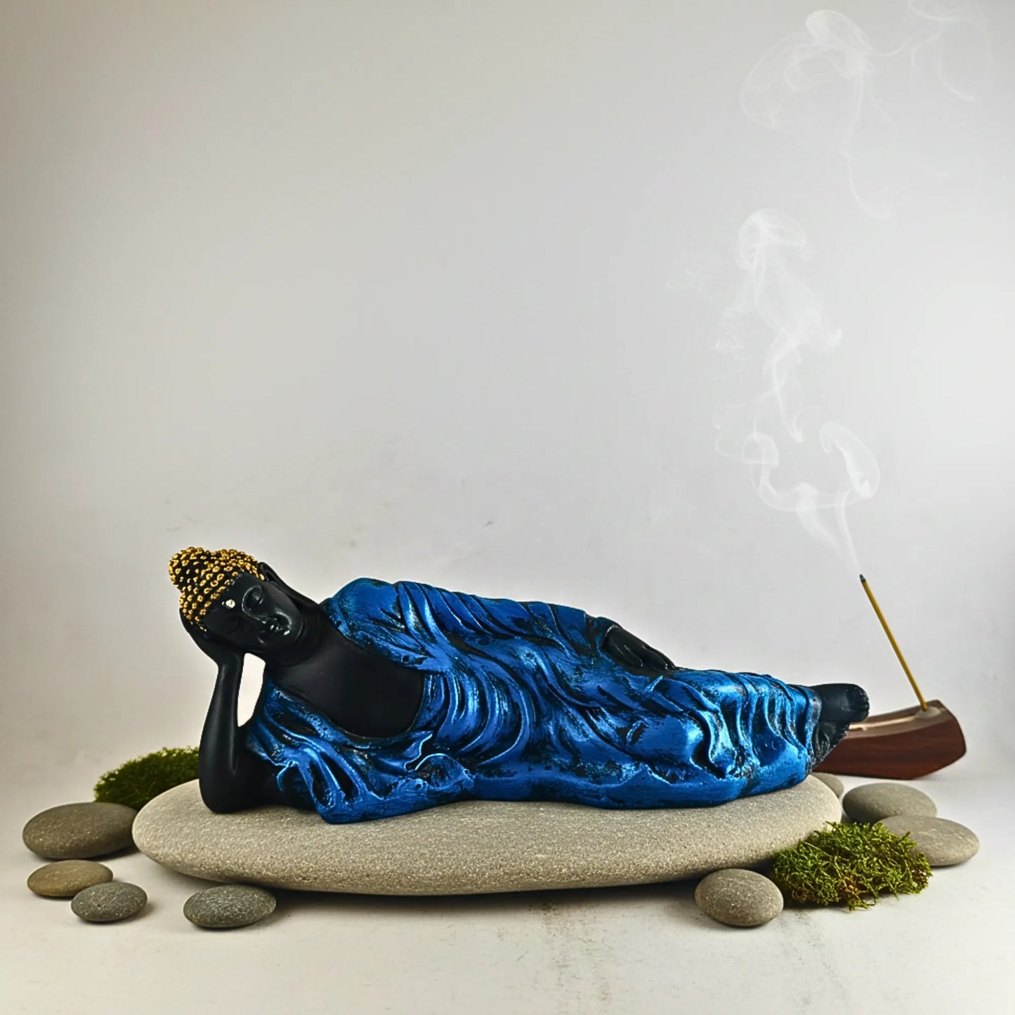 Blue Reclining Buddha Statue | 28cm Artistic Showpiece for Peace & Calm