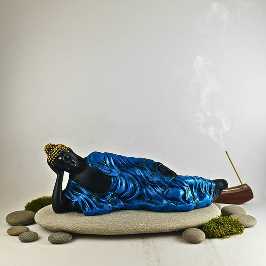 Blue Reclining Buddha Statue | 28cm Artistic Showpiece for Peace & Calm