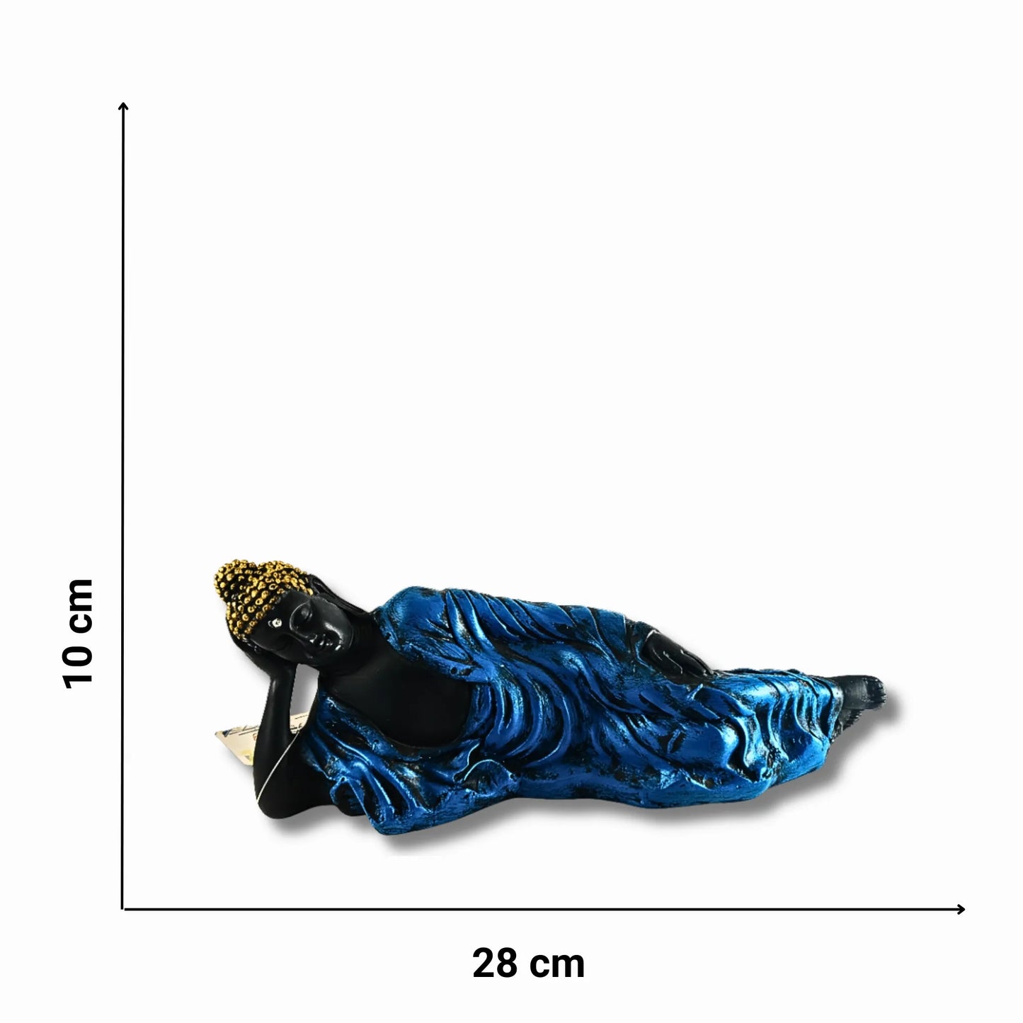 Blue and black Buddha figurine with gold hair on a white background, shown with measurements.