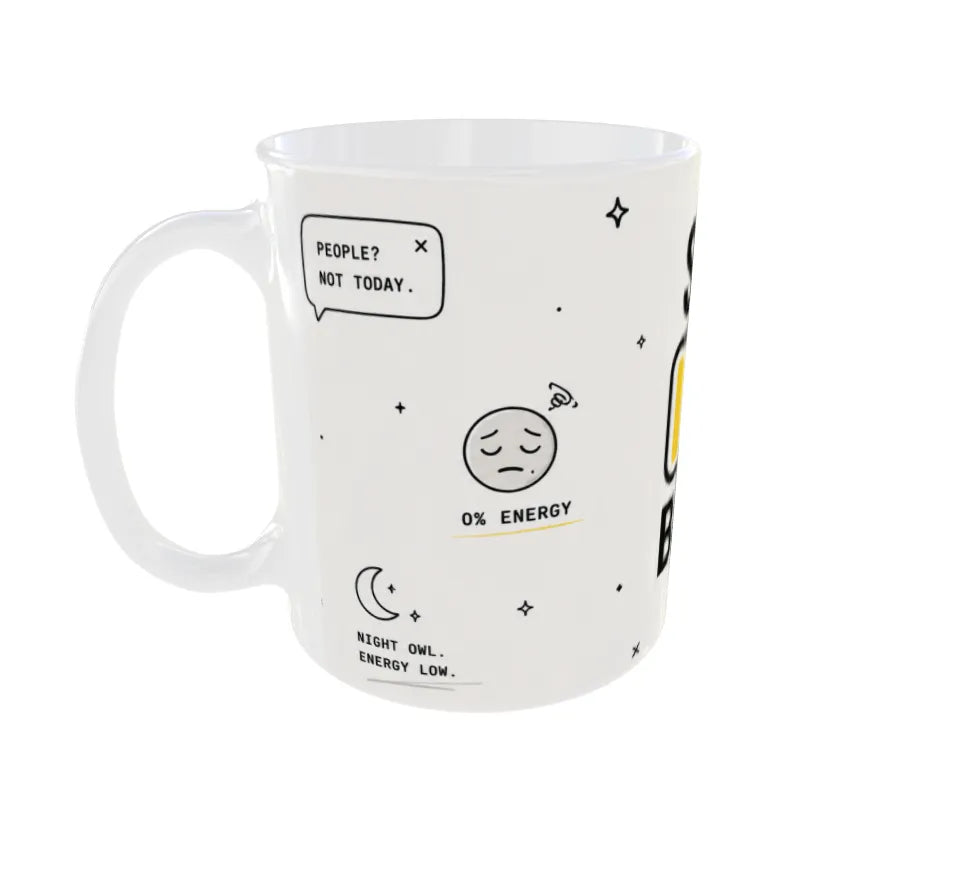: Side view showing "People? Not Today." speech bubble with 0% energy illustration.