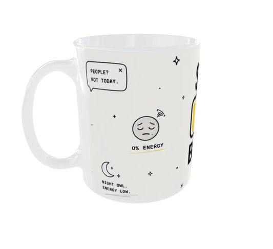 : Side view showing "People? Not Today." speech bubble with 0% energy illustration.
