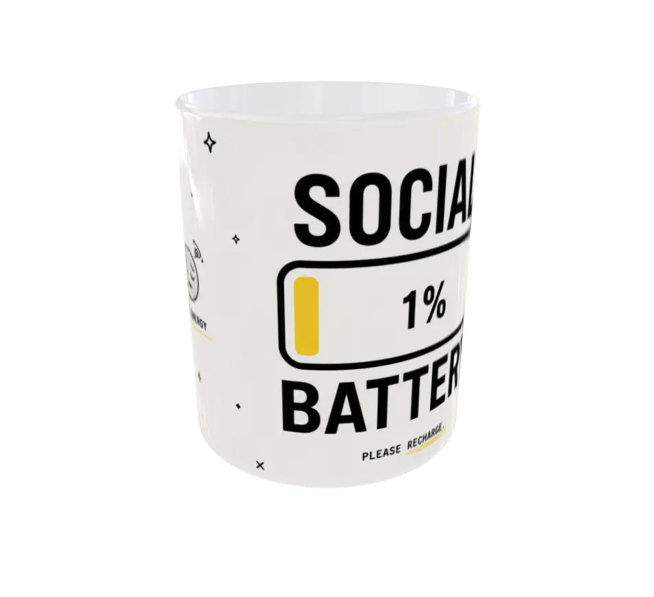 Front view of Social Battery 1% ceramic coffee mug featuring bold battery icon and funny introvert quote.