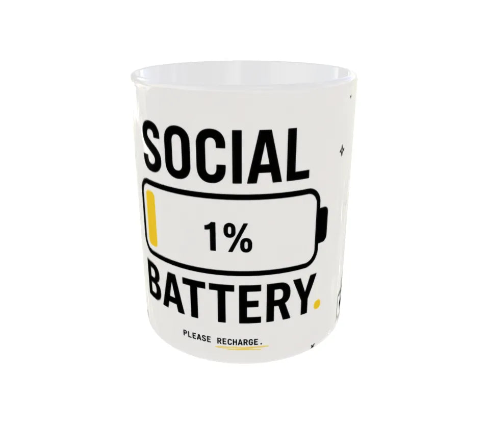 Close-up of Social Battery 1% typography and minimalist battery graphic.