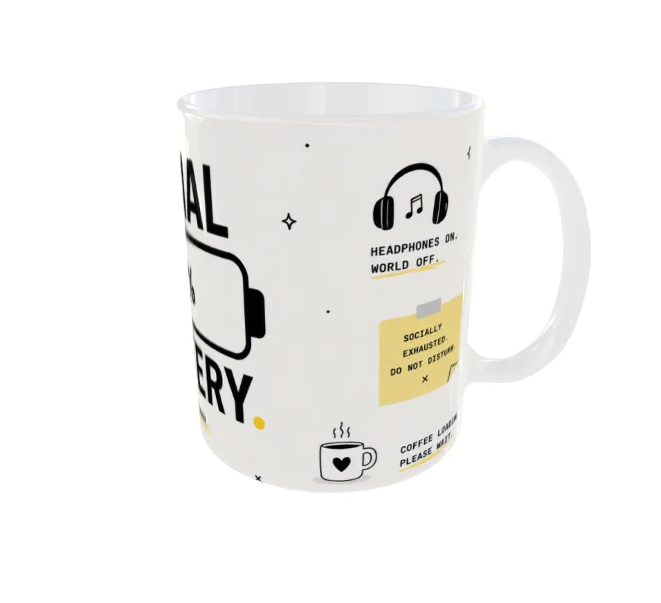 Side artwork featuring "Headphones On. World Off.", coffee icon, and socially exhausted notes.
