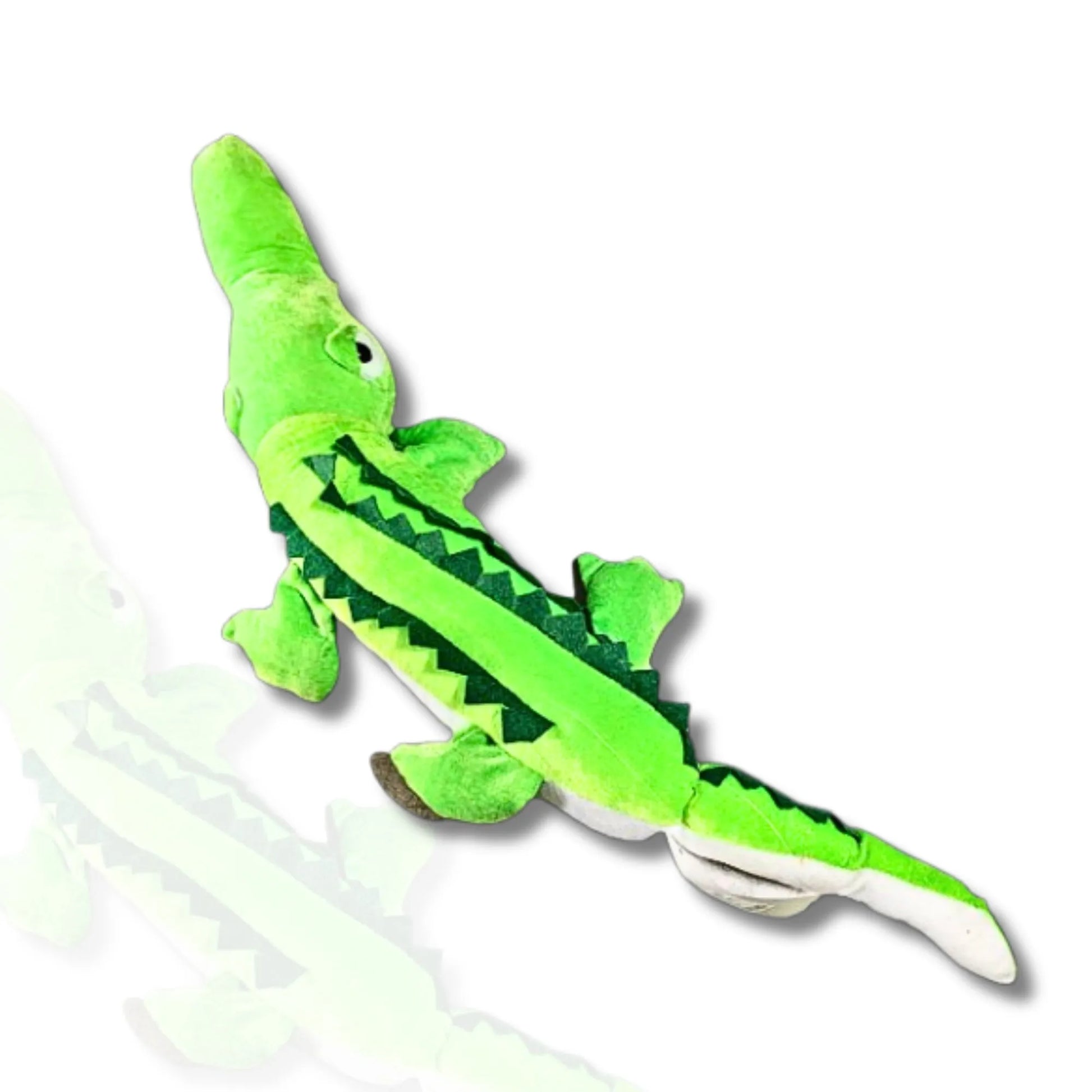 Green plush alligator toy on a white background