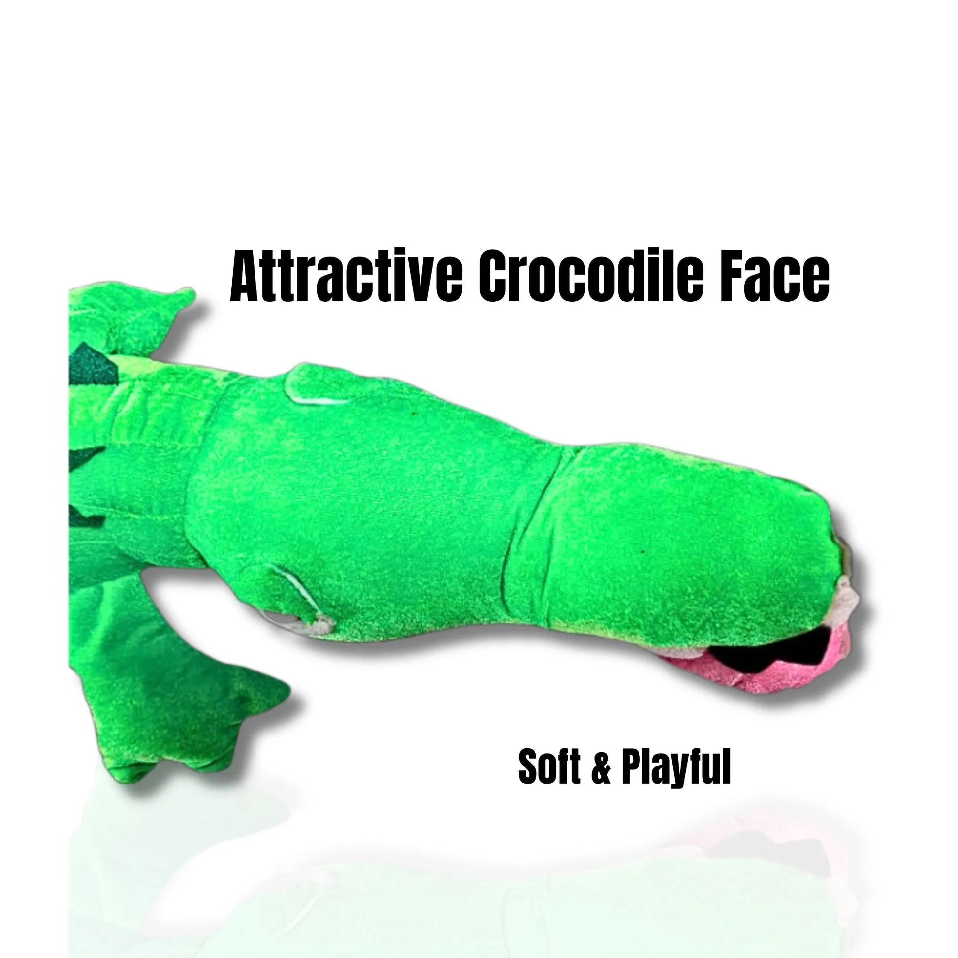 Green crocodile-shaped plush toy with text 'Attractive Crocodile Face' and 'Soft & Playful' on a white background