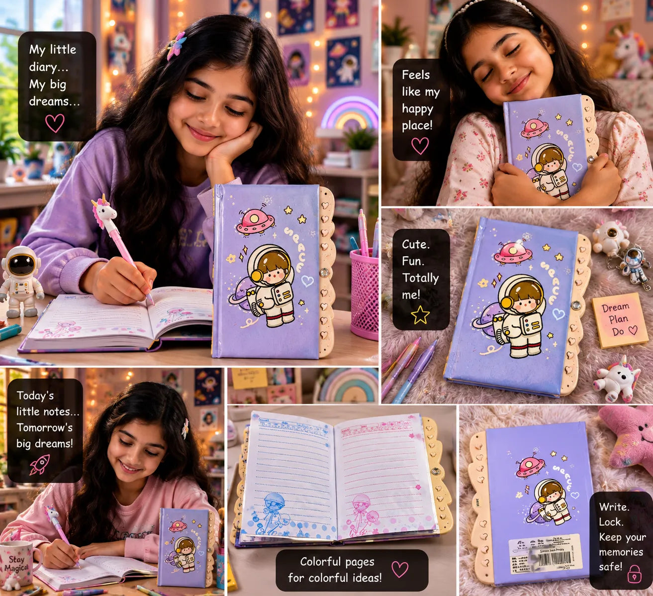 Space Astronaut Lock Diary 12 × 15 cm with Key