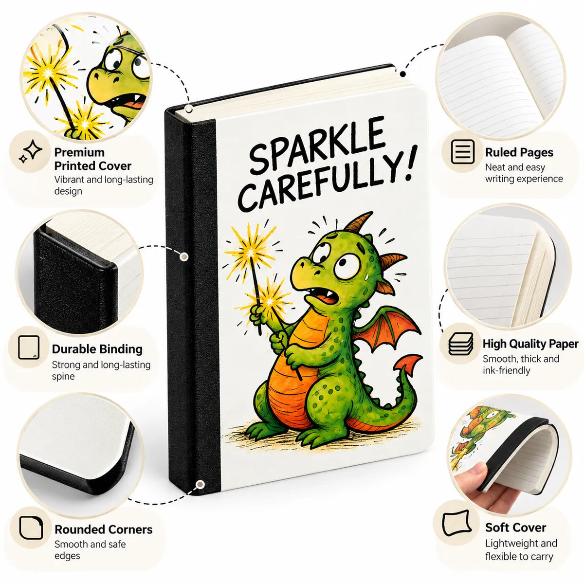 Sparkle Carefully! Dragon Notebook – B6 Soft Cover Ruled Notebook, 192 Pages