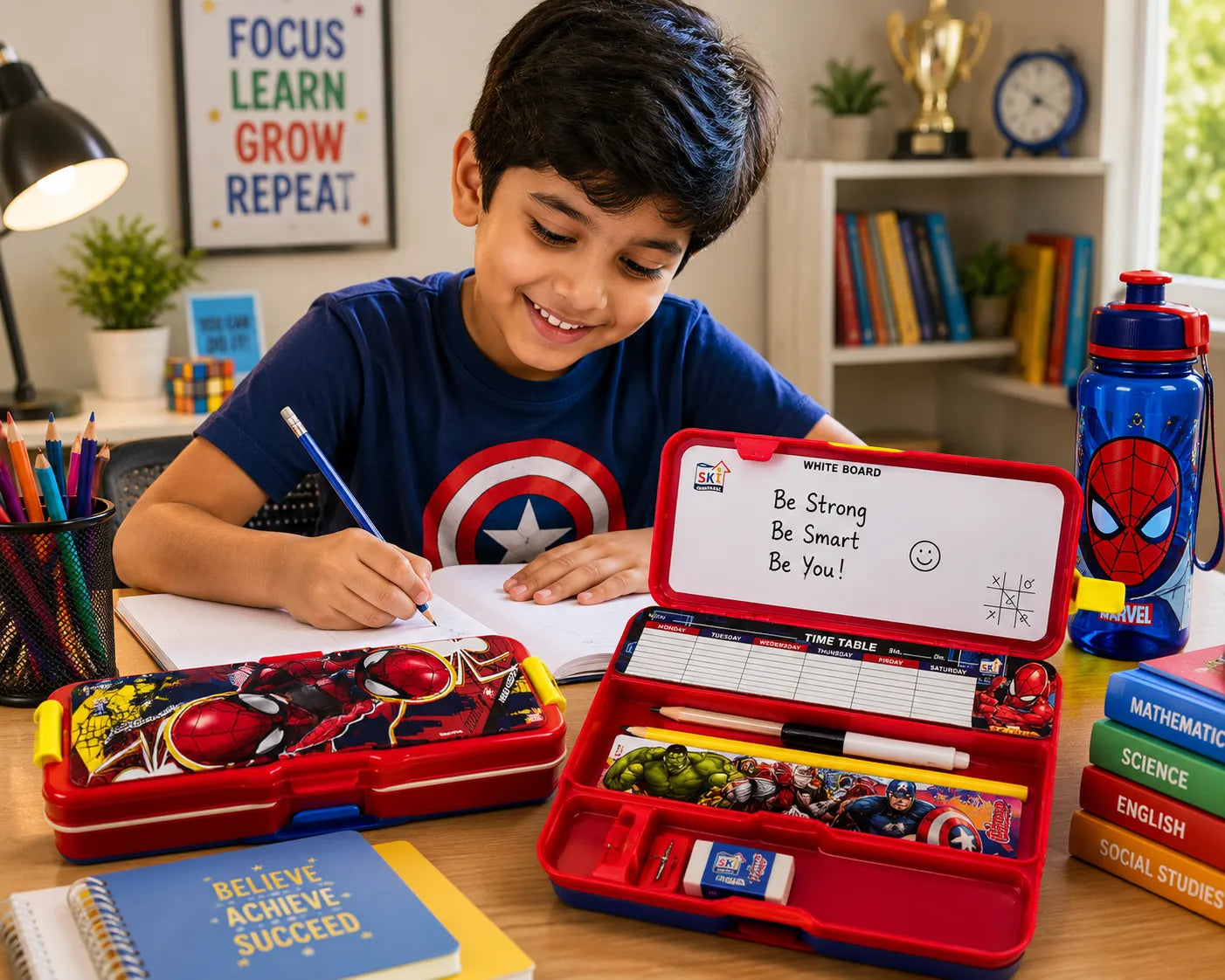 Spider-Man Pencil Box with Built-in Sharpener & Timetable Card | Marvel Superhero School Pencil Case for Kids | Multi-Compartment Stationery Organizer Box