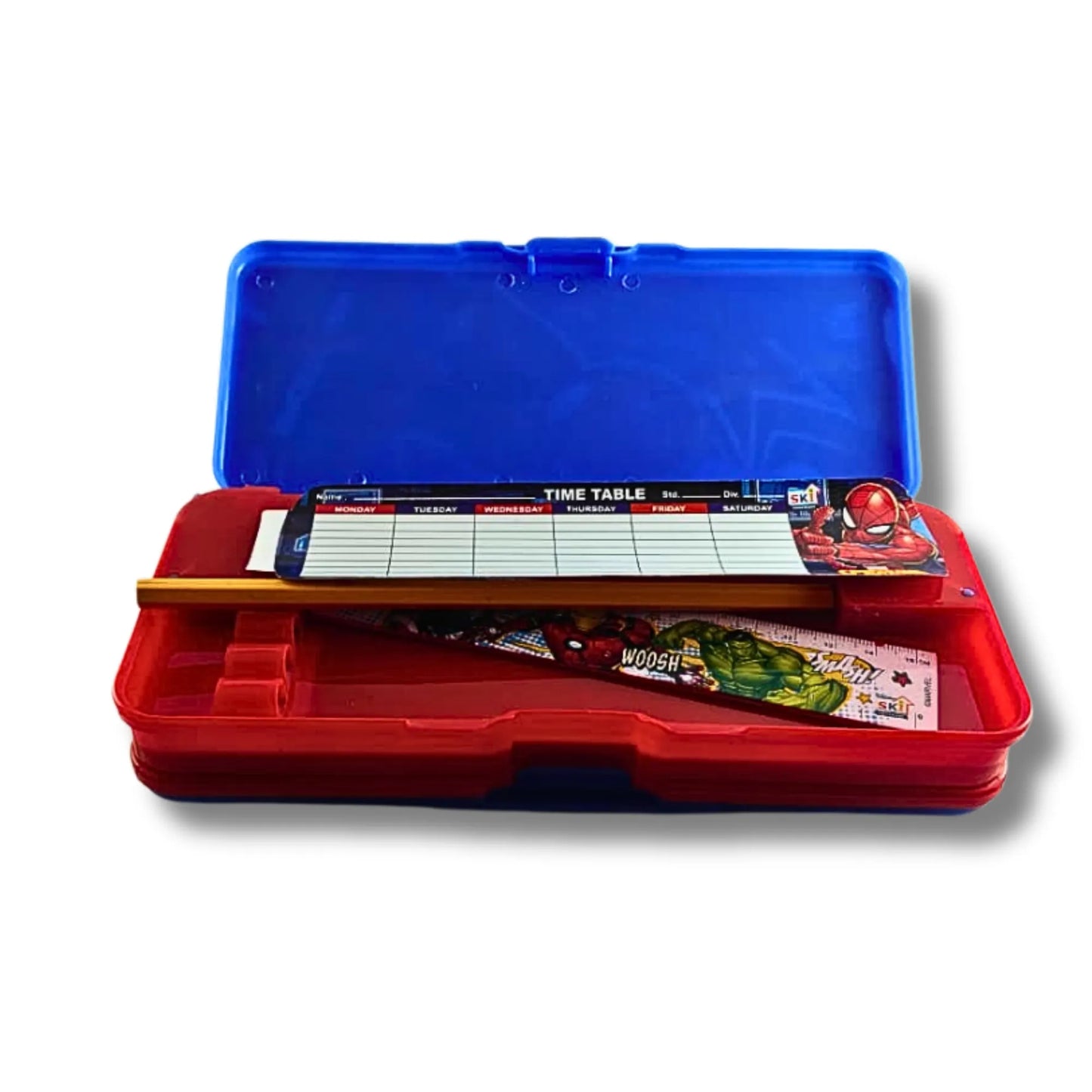 Spider-Man Pencil Box with Built-in Sharpener & Timetable Card | Marvel Superhero School Pencil Case for Kids | Multi-Compartment Stationery Organizer Box