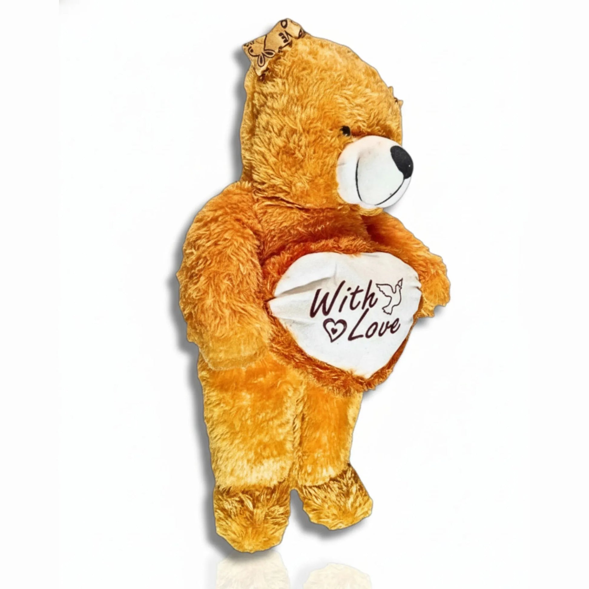 Plush teddy bear holding a heart-shaped sign with 'With Love' text on a white background