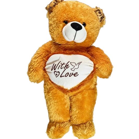 Brown teddy bear with a heart-shaped pillow displaying 'With Love' on a gray background