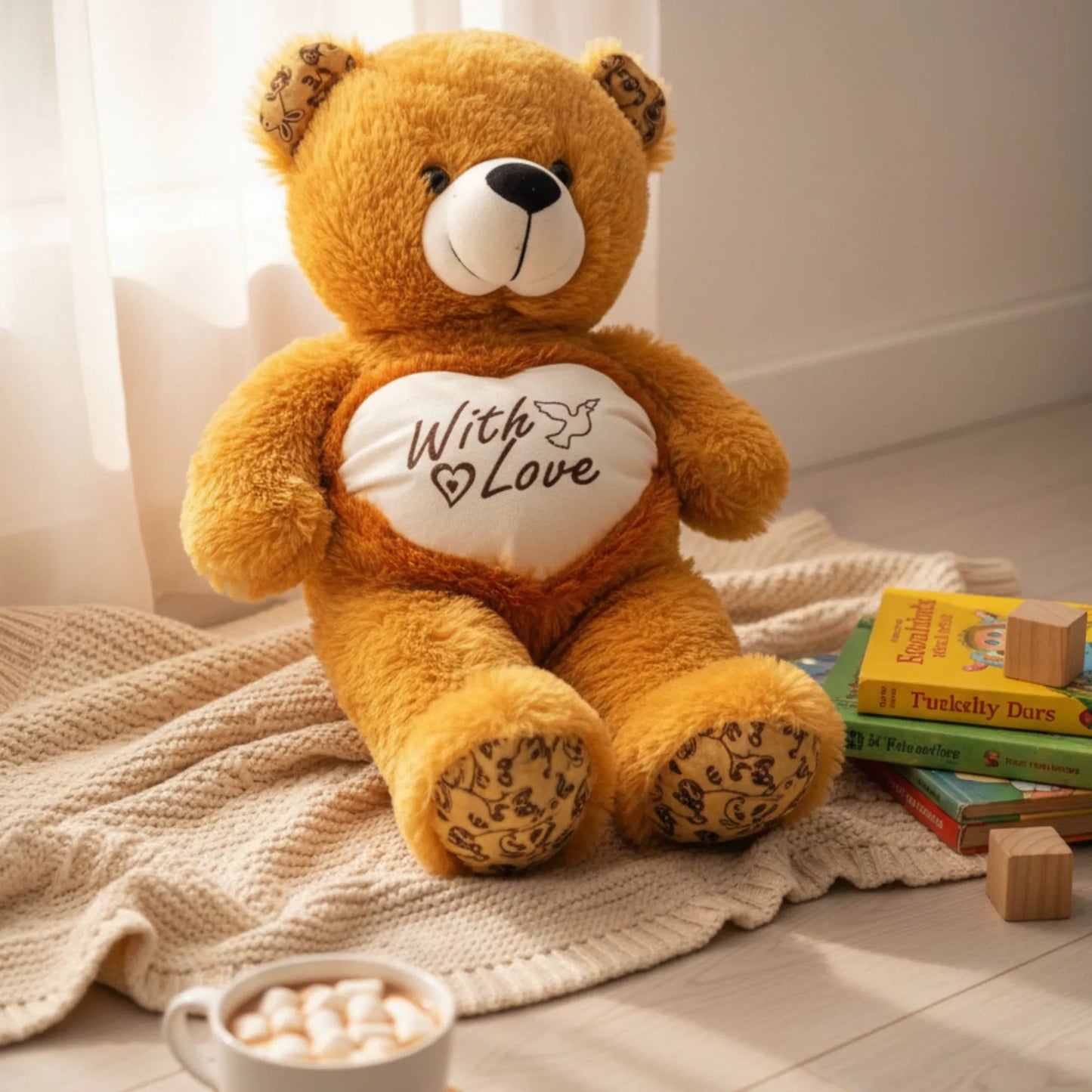 Brown teddy bear with 'With Love' heart on a blanket with books and a cup of coffee.