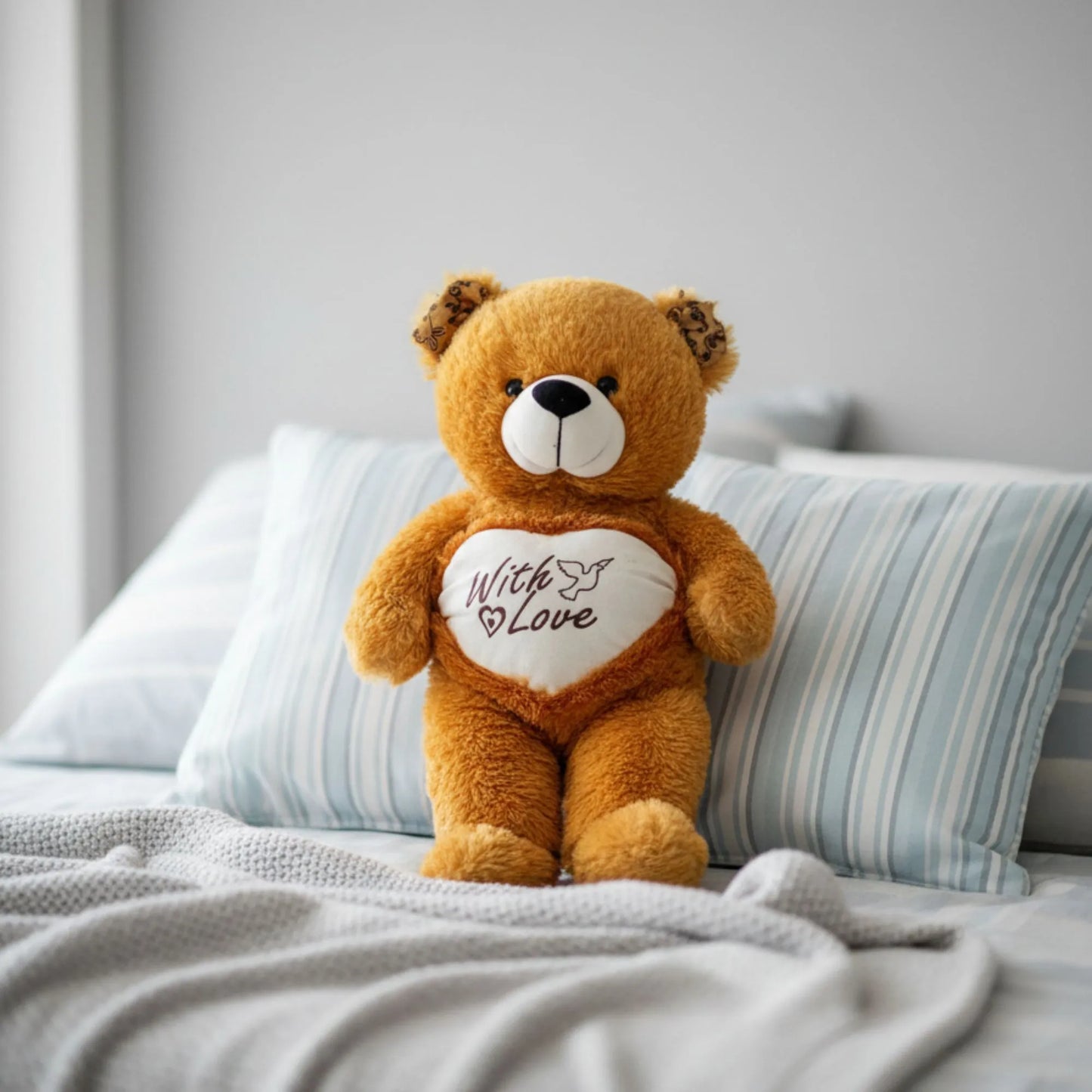 Brown teddy bear with a heart-shaped pillow on a bed