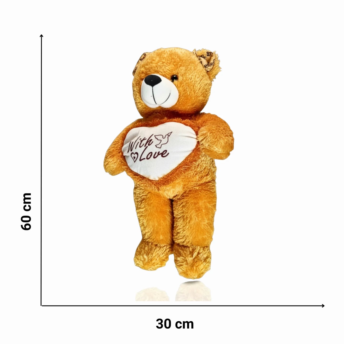 Plush teddy bear with a heart that says 'With Love' on a white background, showing dimensions.
