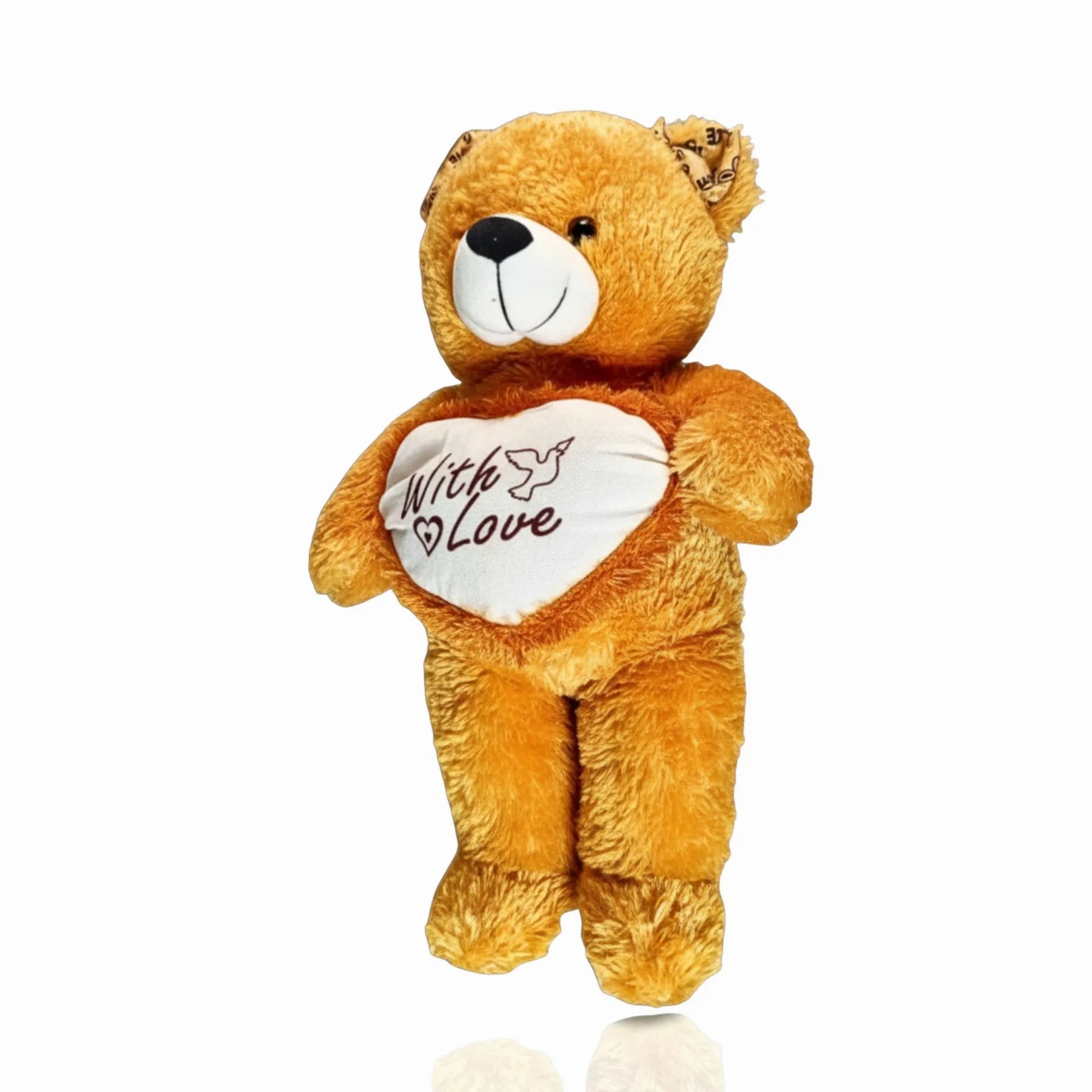 Plush teddy bear holding a heart with 'With Love' text on a white background