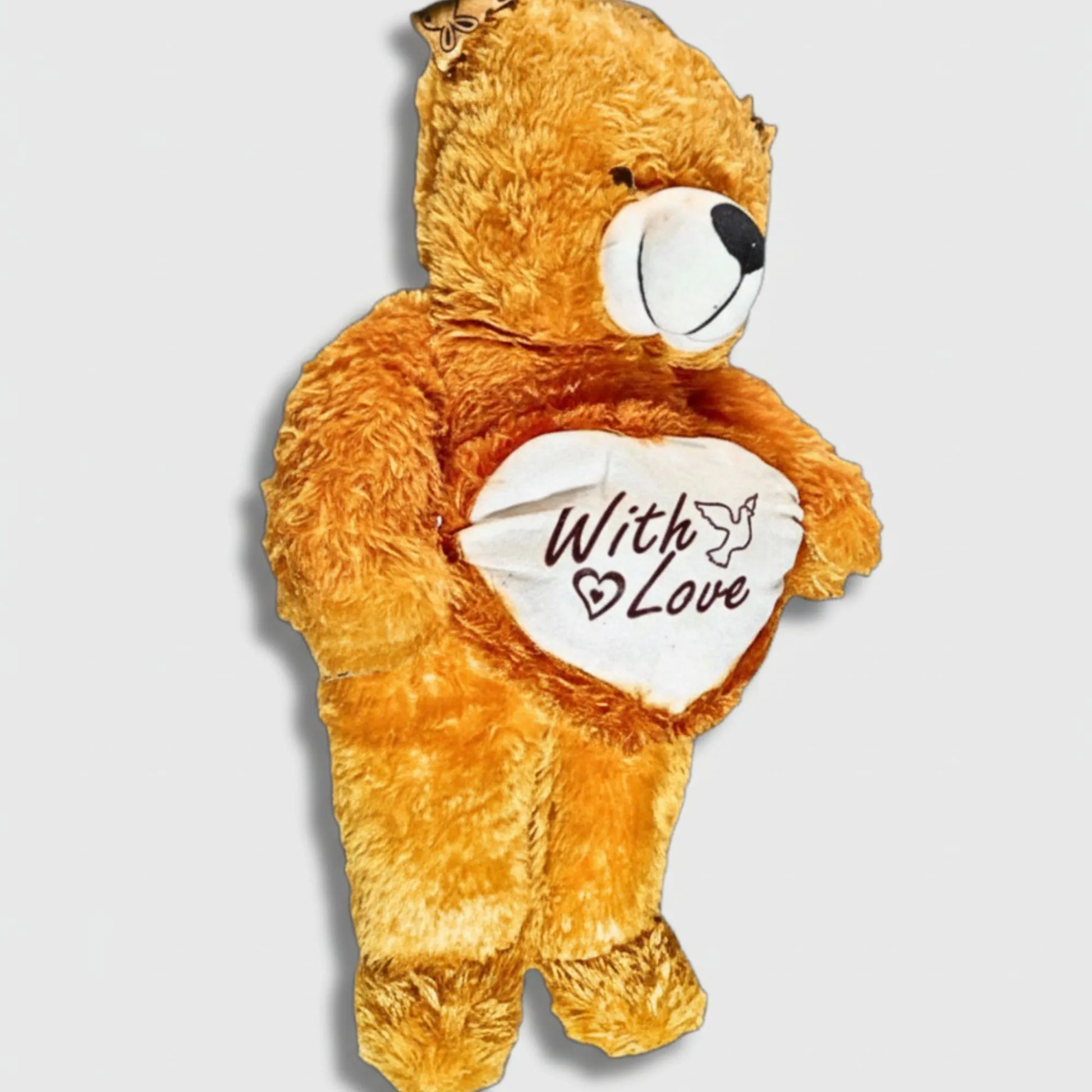 Brown teddy bear with a heart-shaped tag saying 'With Love' on a light gray background