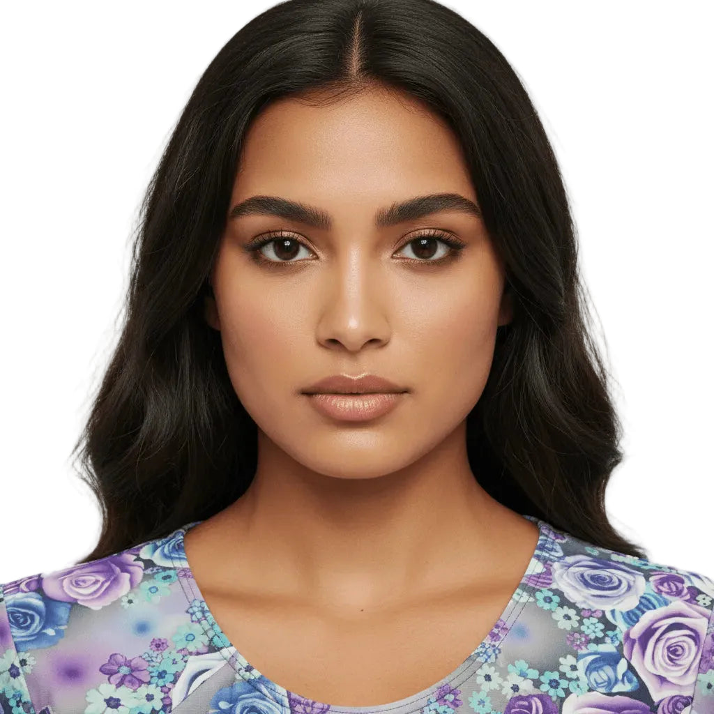 Woman wearing a floral-patterned top against a plain background