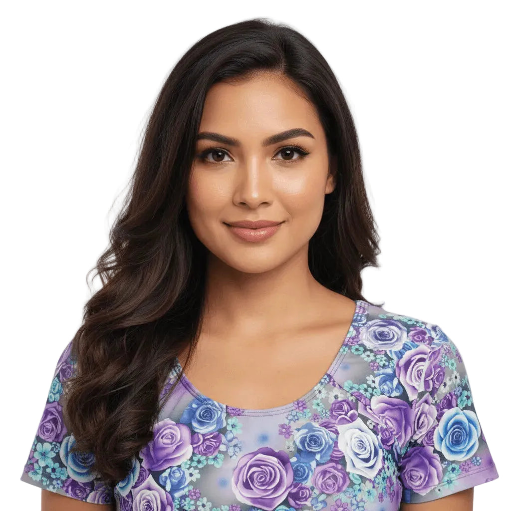 Woman wearing a floral-patterned top with purple and blue flowers on a white background